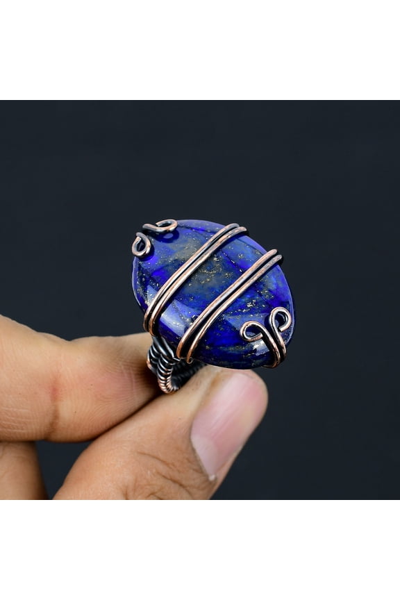 Natural Lapis Lazuli Gemstone Handmade Copper Wire Wrap Ring Size 5.5