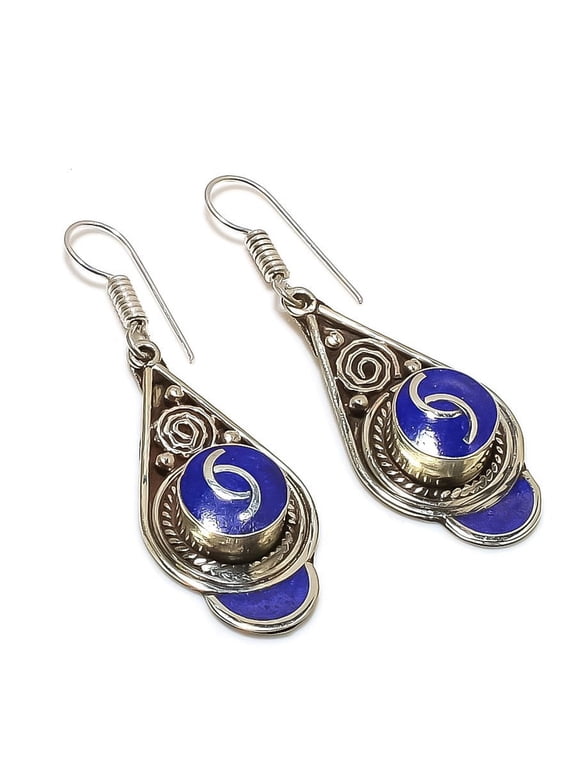 Natural Lapis Lazuli Gemstone Handmade Jewelry Earring 2.25"