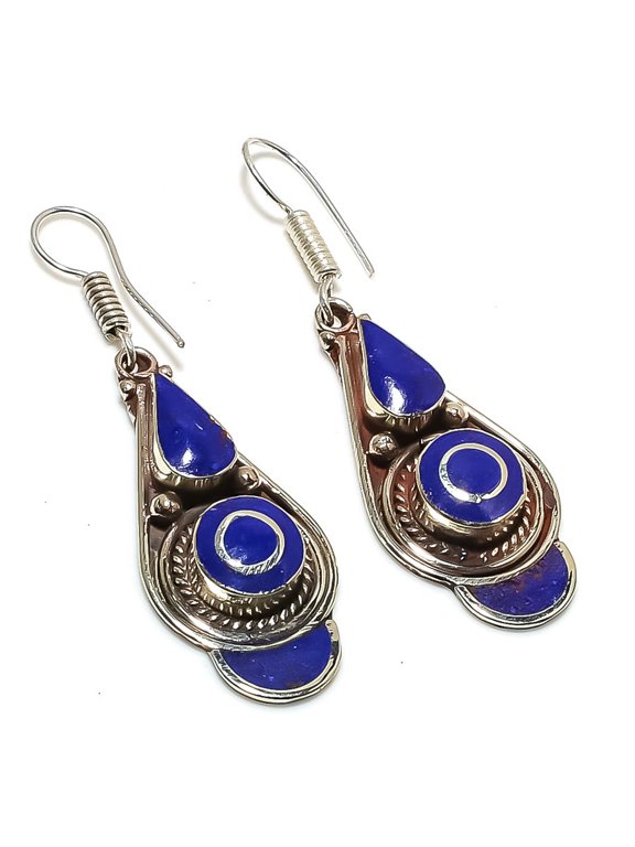 Natural Lapis Lazuli Gemstone Handmade Jewelry Earring 2.40"