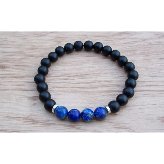 Natural Lapis Lazuli & Matte Onyx 8mm Round Shape Smooth Cut Beads Stretchable Bracelet for Men & Women.