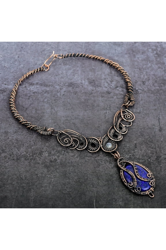 Natural Lapis Lazuli, Moonstone Copper Wire Wrap Jewelry Necklace 18"