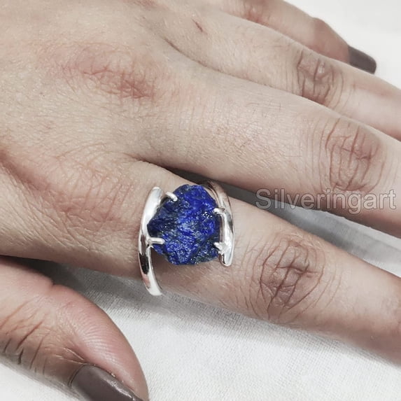 Natural Lapis Lazuli Ring, Rough Lapis Lazuli Ring, Afghani Lapis, Cross Prong Ring, 925 Sterling Silver, Womens Ring, Christmas, Thanksgiving, Handmade, Statement Jewelry, Rough Gemstone Jewelry