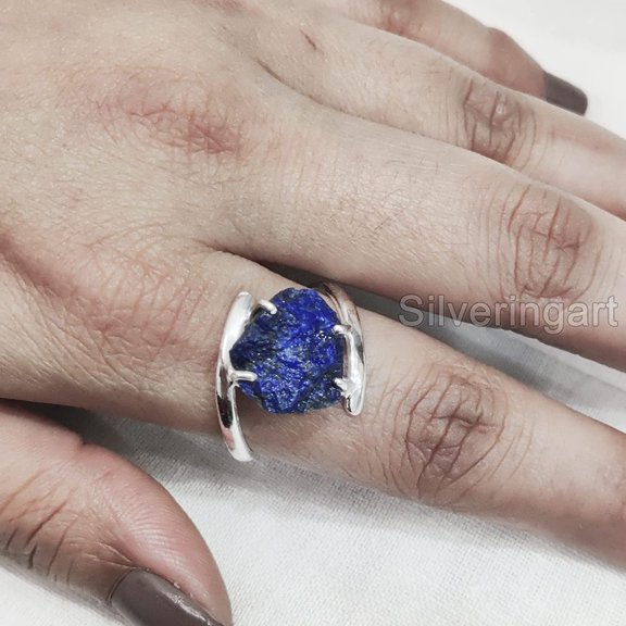 Natural Lapis Lazuli Ring, Rough Lapis Lazuli Ring, Afghani Lapis, Cross Prong Ring, 925 Sterling Silver, Womens Ring, Christmas, Thanksgiving, Handmade, Statement Jewelry, Rough Gemstone Jewelry