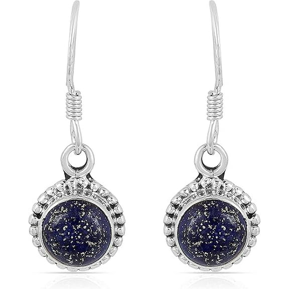 Natural Lapis Lazuli Round Gemstone Dangle Earrings in 925 Sterling Silver | Handmade Bezel Set with Fish Hook Back