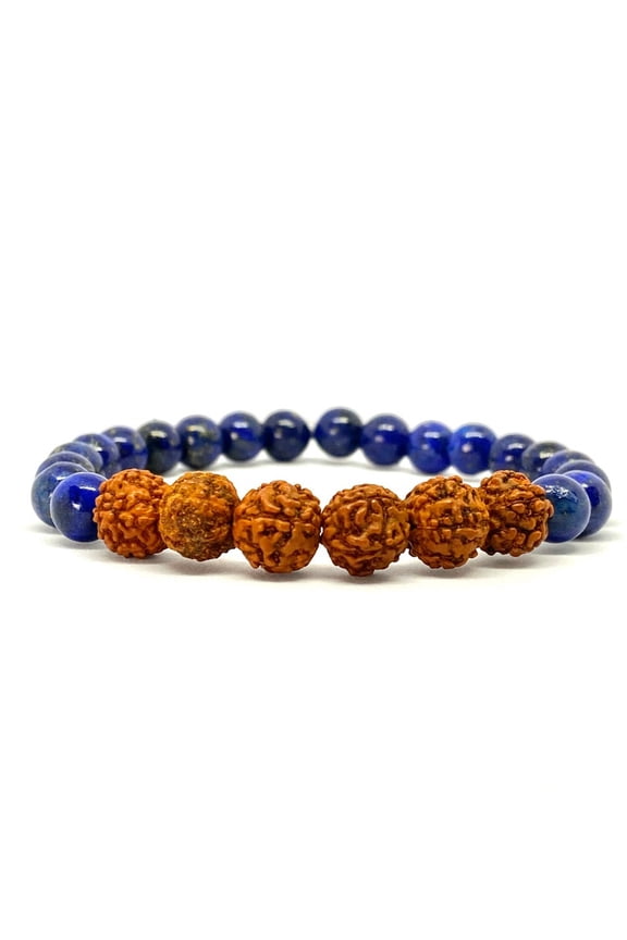 Natural Lapis Lazuli & Rudraksh 8mm Round Shape Smooth Cut Beads Stretchable Bracelet for Men & Women.