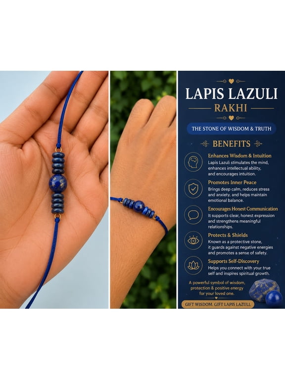 Lapis Lazuli Rakhi Bracelet with Natural Stone Beads, Adjustable Thread Band and Traditional Festive Design for Raksha Bandhan Gift
