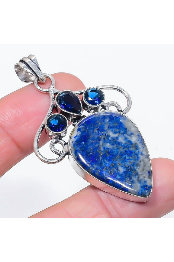 Natural Lapis Lazuli, Topaz 925 Sterling Silver Jewelry Pendant 2.29"