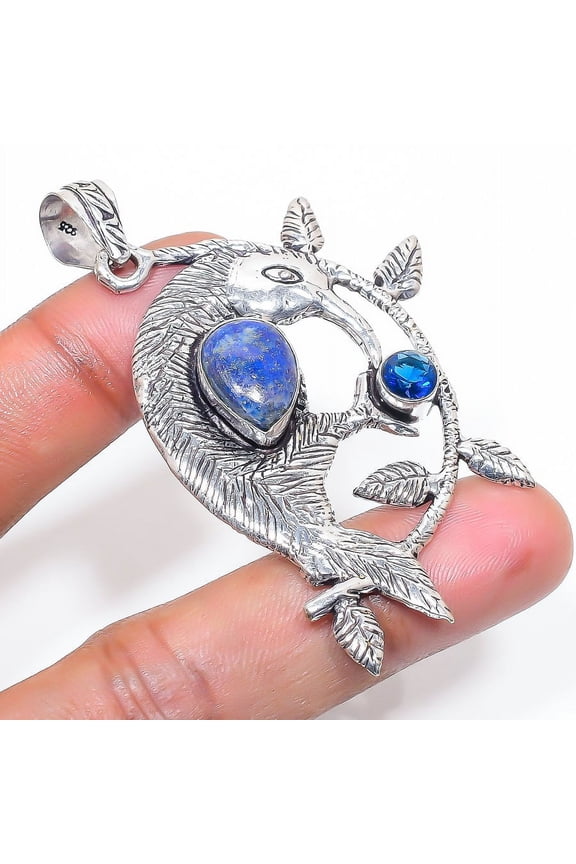 Natural Lapis Lazuli, Topaz 925 Sterling Silver Jewelry Pendant 2.56"