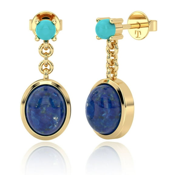 Natural Lapis Lazuli & Turquoise Drop Earrings | 14K Gold Plated Chain Dangles | Handcrafted Gemstone Jewelry