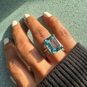DIVYJEWELS Natural Large Emerald Cut Blue Topaz Solitaire Gemstone Ring, 925 Sterling Silver, 16x12MM