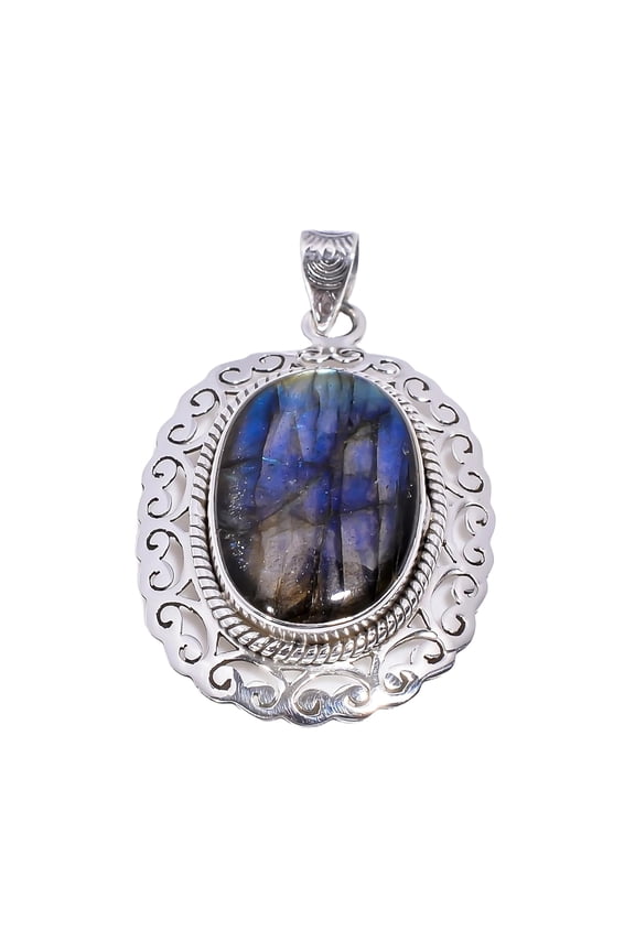 Natural Large Oval Blue Labradorite Gemstone 925 Sterling Silver Design Pendant Gift Jewelry