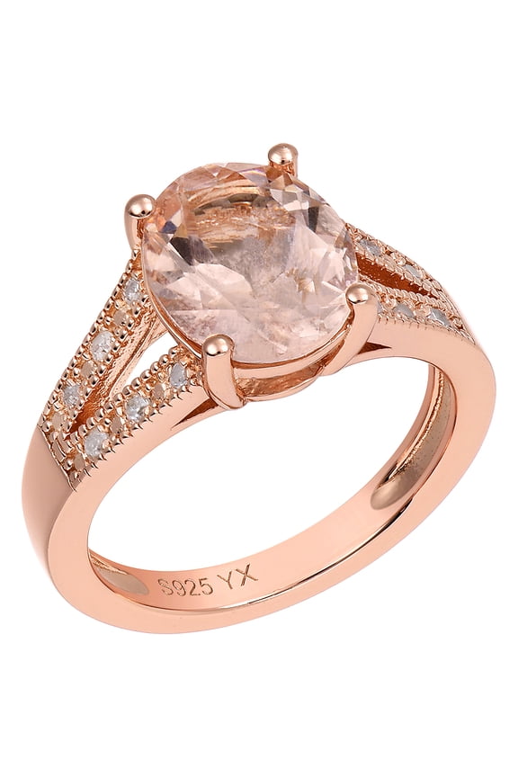 Natural Large Oval Morganite and Diamond Birthstone Gemstone Vintage Design Engagement Ring, Rose Gold Finish Sterling Silver