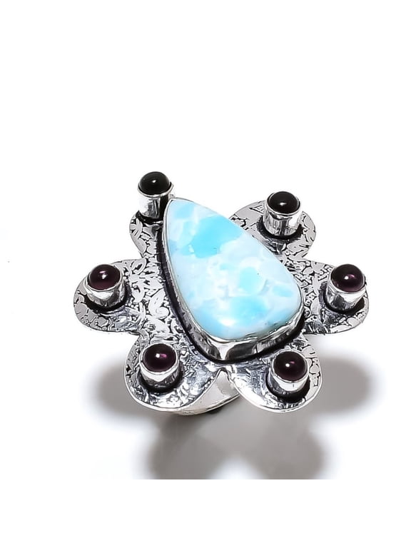 Natural Larimar, Amethyst Gemstone 925 Sterling Silver Gift Ring Size 7