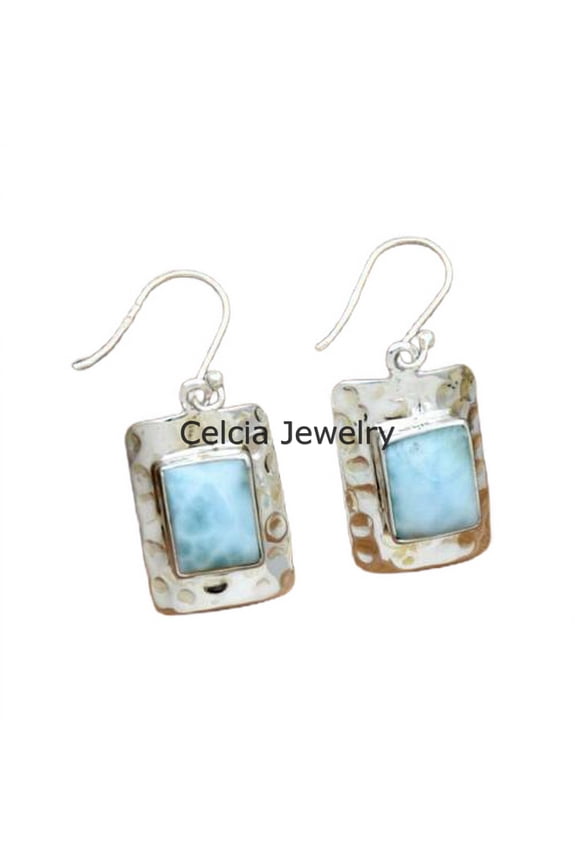 Natural Larimar Blue Gemstone Cabochon Rectangle Hammered Earrings, Solid 925 Sterling Silver Semi Precious Stone Earrings, Dangle Teardrop Earrings, Mothers Day Gifts