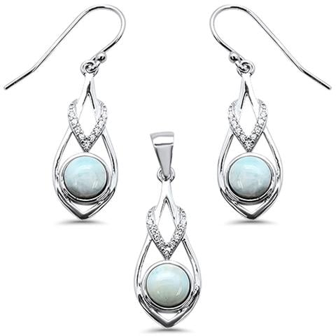Natural Larimar & Cubic Zirconia .925 Sterling Silver Pendant & Earring Set