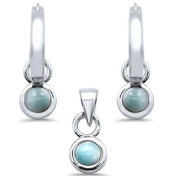 Natural Larimar Dangling .925 Sterling Silver Pendant & Earring Set