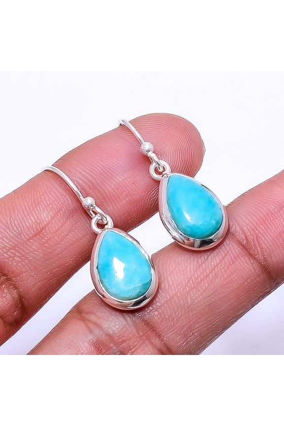 Natural Larimar - Dominican Republic 925 Sterling Silver Earring 1.17" E86, Christmas Gift, Gemstone Silver Jewelry, Larimar Earring, New Year Sale