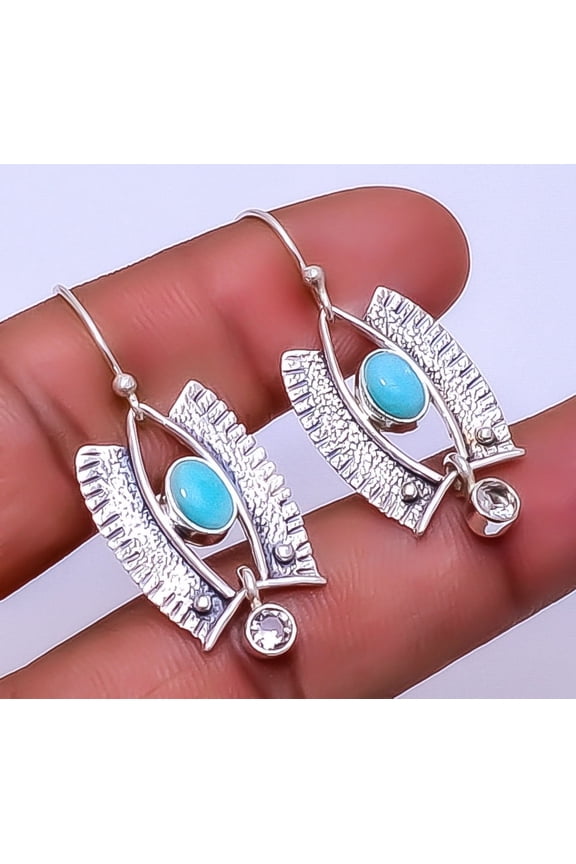 Natural Larimar - Dominican Republic 925 Sterling Silver Earring 1.56" E_9324_18, Beautiful Jewelry For Woman, New Year Sale, Valentin's Day Gift