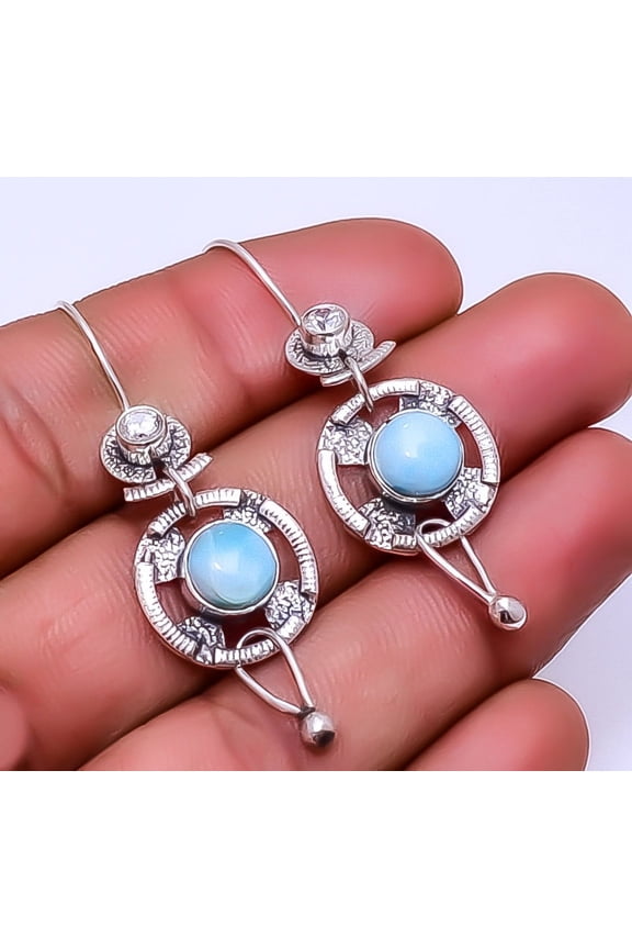 Natural Larimar - Dominican Republic 925 Sterling Silver Earring 1.95" E12930, Gemstone Silver Jewelry, New Year Sale, Valentin's Day Gift