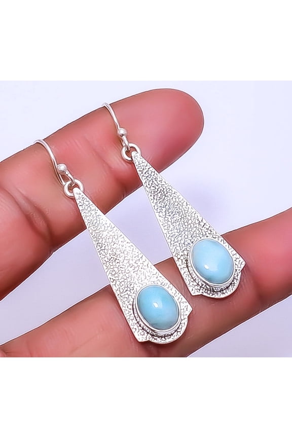 Natural Larimar - Dominican Republic 925 Sterling Silver Earring 2.07" E62, Gemstone Silver Jewelry, New Year Sale, Valentin's Day Gift