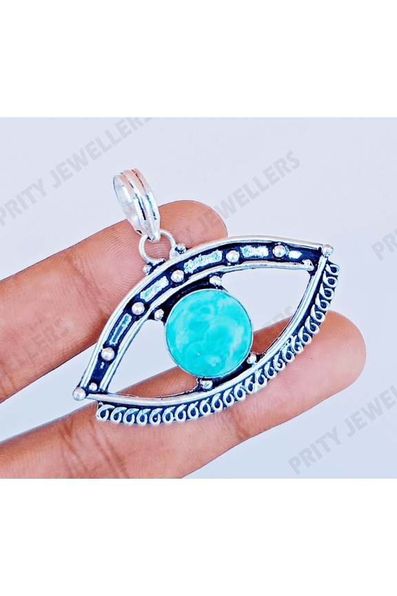 Natural Larimar Gemstone 925 Sterling Silver Eye Shape Handmade Antique Pendant