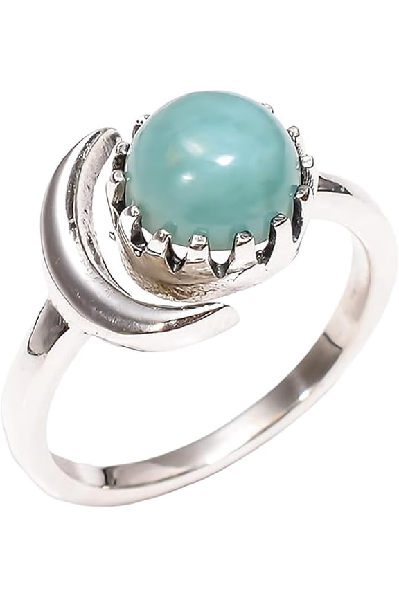 Natural Larimar Gemstone 925 Sterling Silver Moon Style Adjustable Ring for Women