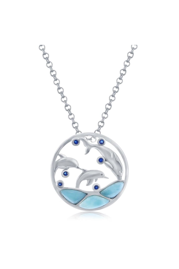 Natural Larimar Gemstone with Devine Dolphin and Blue Simulated Diamond CZ 18 Round Pendant Necklace | Sterling Silver Necklace Jewelry for Women or Teens