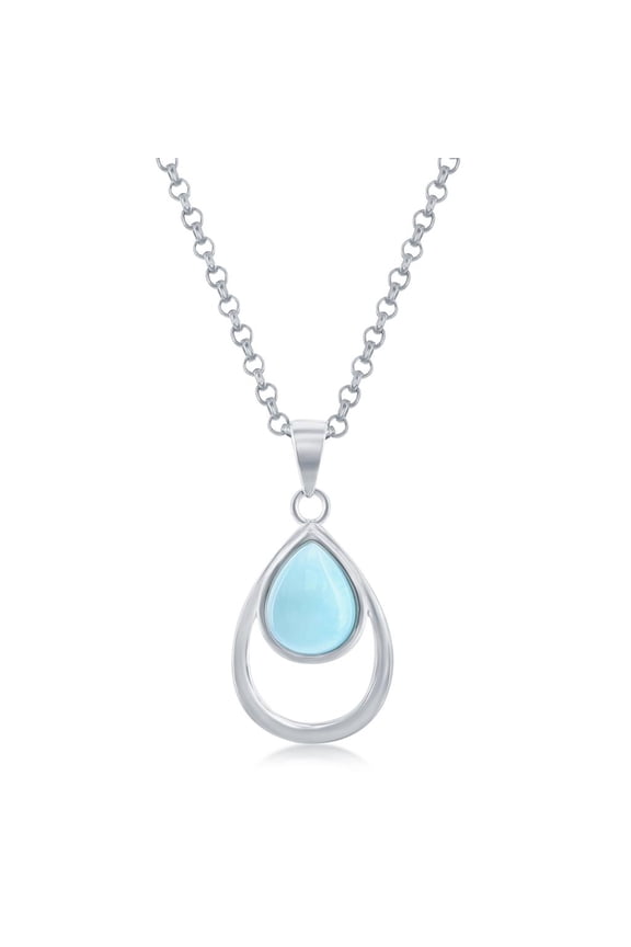Natural Larimar Gemstone Double Pear-Shaped Design Pendant 18” Necklace | Sterling Silver Jewelry for Women or Teens
