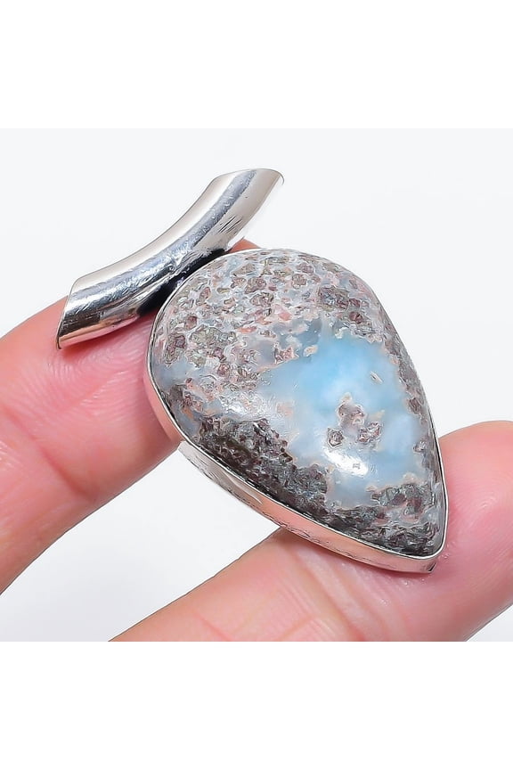 Natural Larimar Gemstone Handmade 925 Sterling Silver Jewelry Pendant 1.69"