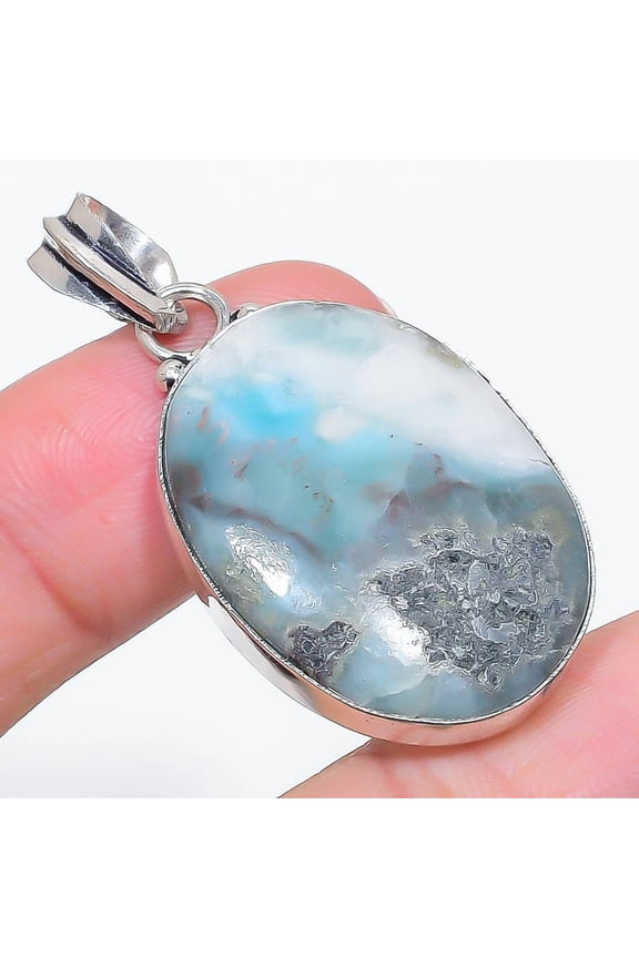 Natural Larimar Gemstone Handmade 925 Sterling Silver Jewelry Pendant 1.89"