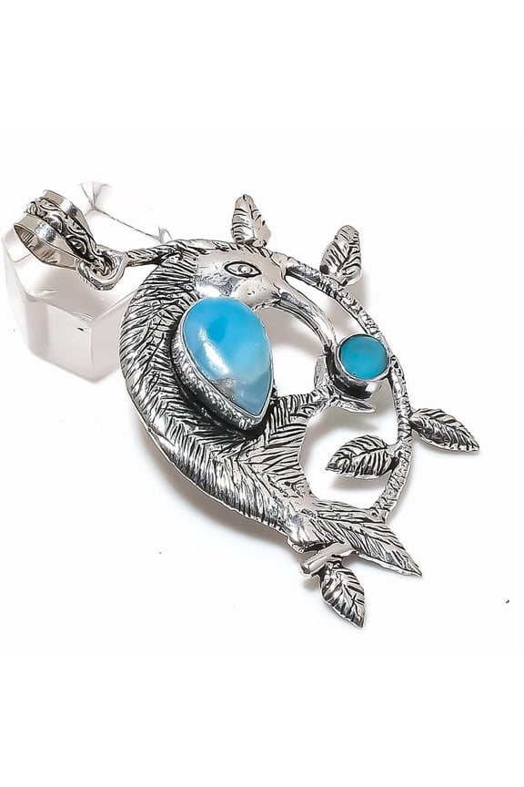 Natural Larimar Gemstone Handmade 925 Sterling Silver Jewelry Pendant 2.56"