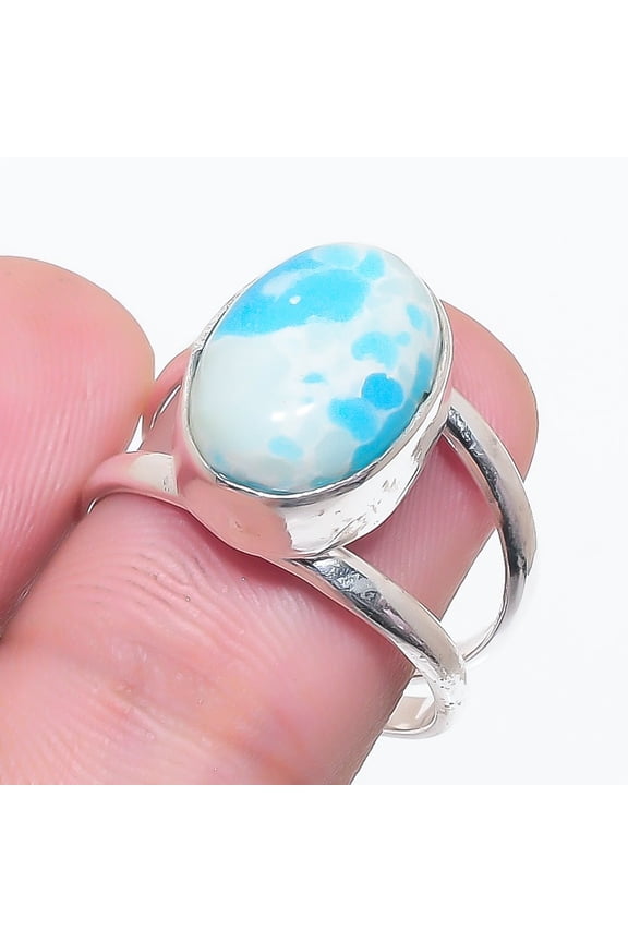 Natural Larimar Gemstone Handmade 925 Sterling Silver Jewelry Ring Size 6.5