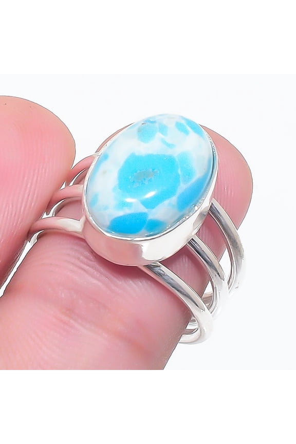 Natural Larimar Gemstone Handmade 925 Sterling Silver Jewelry Ring Size 6