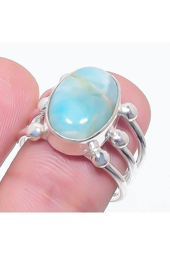 Natural Larimar Gemstone Handmade 925 Sterling Silver Jewelry Ring Size 7