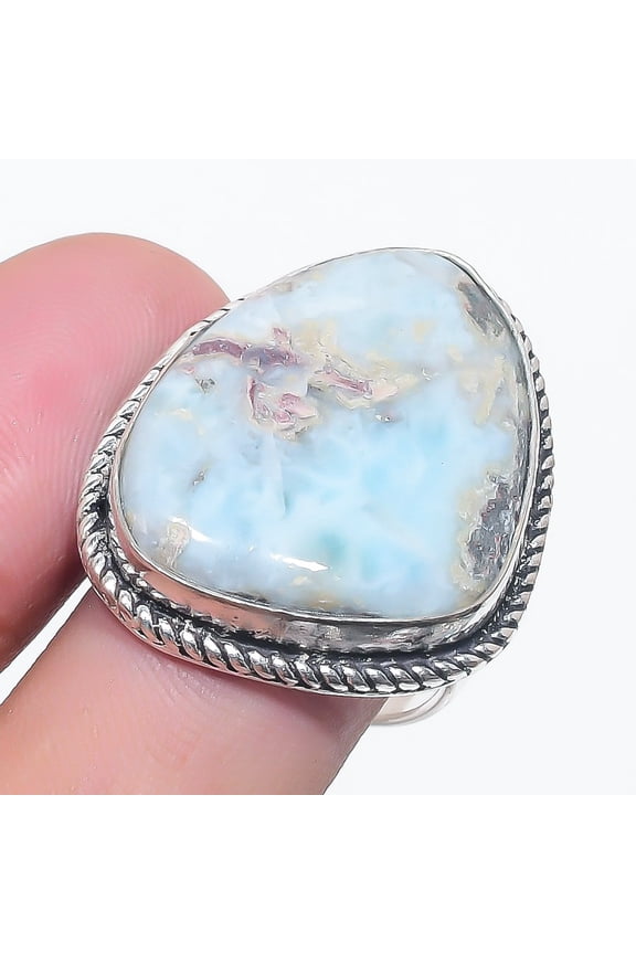 Natural Larimar Gemstone Handmade 925 Sterling Silver Jewelry Ring Size 8.5