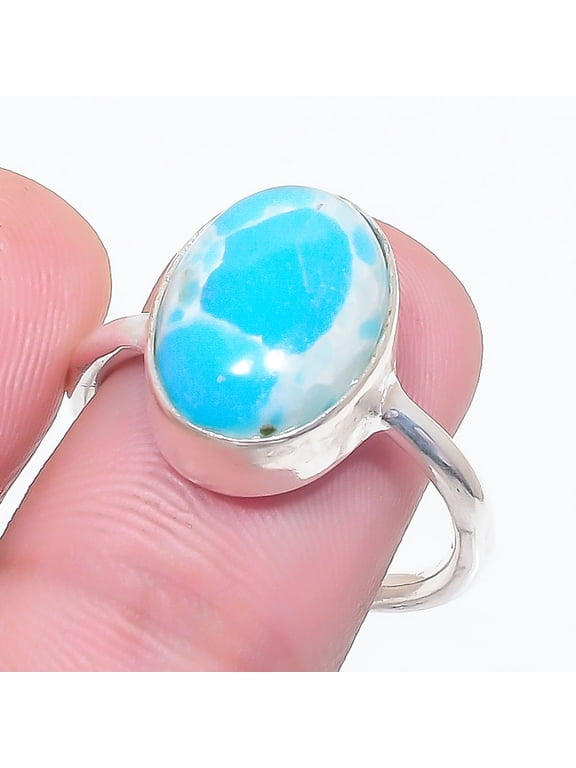 Natural Larimar Gemstone Handmade 925 Sterling Silver Jewelry Ring Size 8
