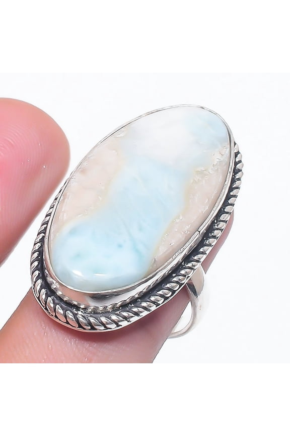 Natural Larimar Gemstone Handmade 925 Sterling Silver Jewelry Ring Size 8