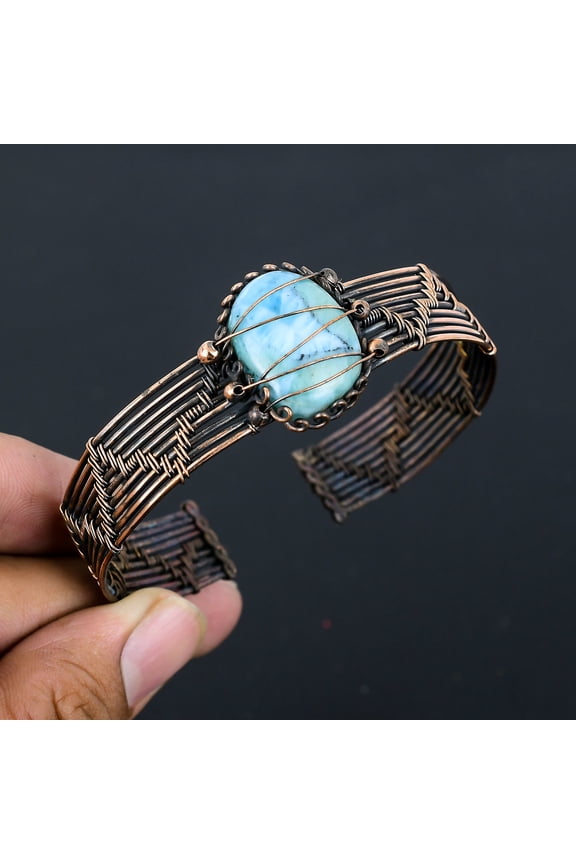 Natural Larimar Gemstone Handmade Copper Wire Wrap Bangle Adjustable