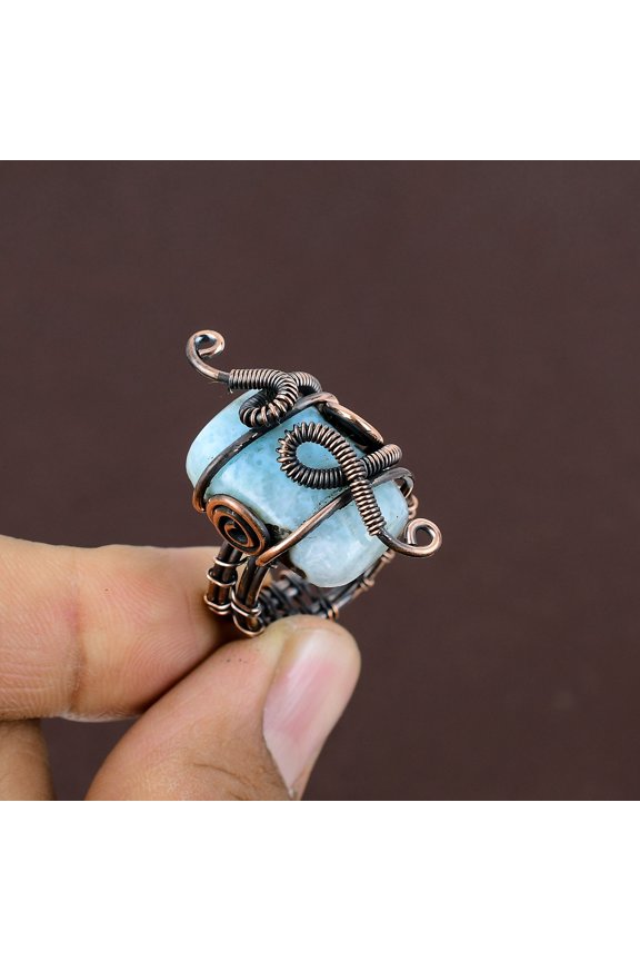 Natural Larimar Gemstone Handmade Copper Wire Wrap Gift Ring Size 8