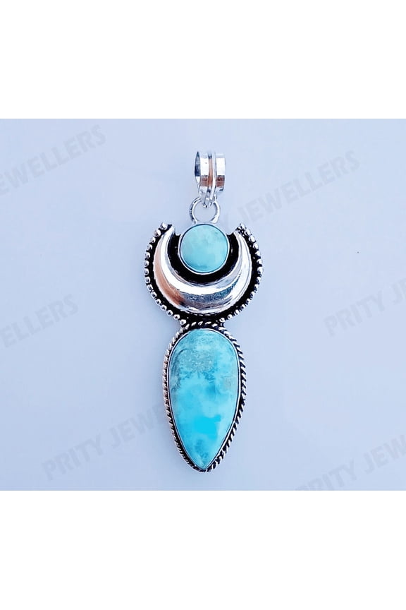 Half Moon Green Larimar Gemstone Pendant, 925 Sterling Silver, Handmade