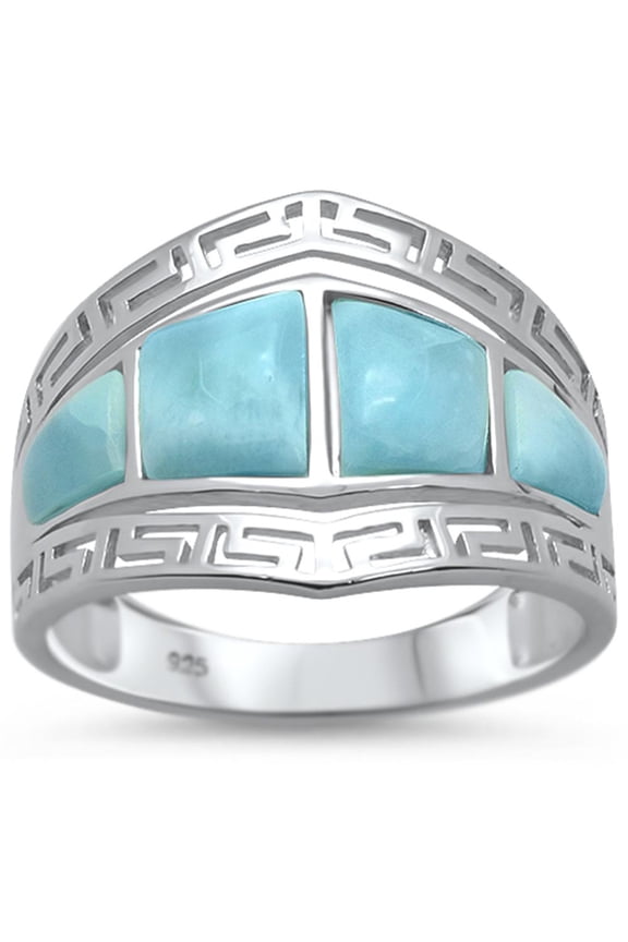 Natural Larimar Greek Key Edges Ring Sterling Silver Size 7