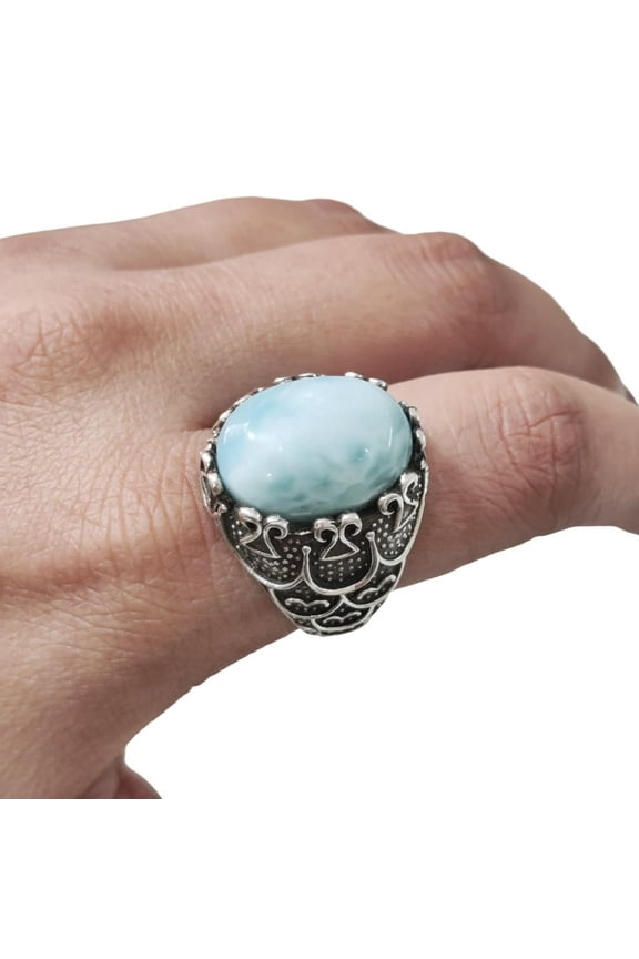 Natural Larimar Mens Ring, Dominican Larimar Ring, Larimar Birthstone, Silver Jewelry, 925 Silver Ring, Gift, Heavy Mens Ring, Arabic Design, Ottoman Style Ring, Christmas, Turkey Mens Signet Ring