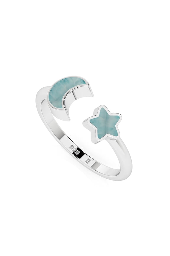 Natural Larimar Moon-Star Shape Rings in Sterling Silver for Women, Special Birthstone Jewelry for Her Birthday, Wedding Anniversary, Christmas, Mothers Day