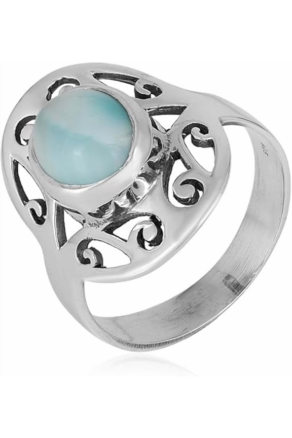 Natural Larimar Oval Cabochon Ring in 925 Oxidized Sterling Silver | Handmade Bezel Set | 3.26 Ct Sky Blue Gemstone (9)