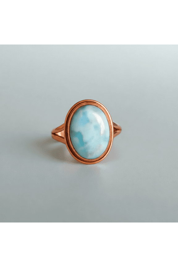 Natural Larimar Oval Statement Ring for Women – Handmade Solid Pure Copper Boho Gemstone Ring, Minimalist Jewelry
