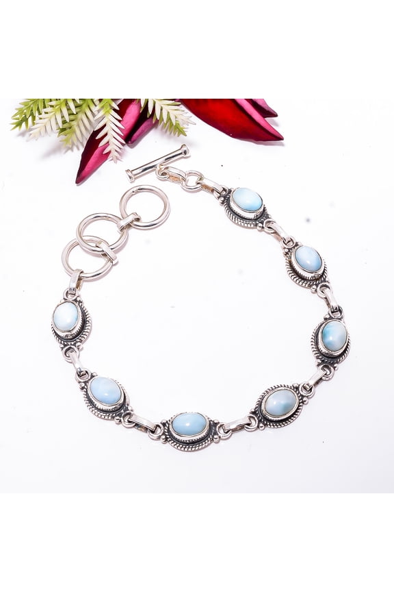 Natural Larimar / Pactolite - Dominican Republic 925 Sterling Silver Adjustable Bracelet 8.99" B83421, Christmas Gift