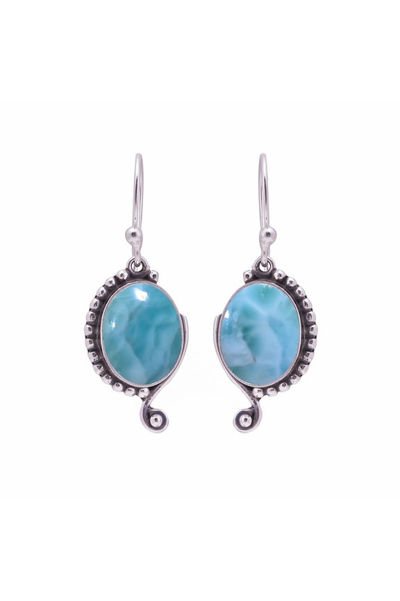 Natural Larimar / Pactolite - Dominican Republic 925 Sterling Silver Earring V8897, Drop/Dangle Earring, Blue Earring, Oval Earring, Gift For Her, Lar
