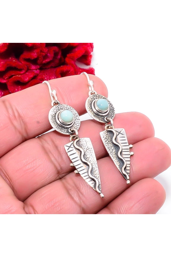 Natural Larimar / Pactolite - Dominican Republic Designer Handmade 925 Sterling Silver Earring 2.34" E83221, Christmas Gift