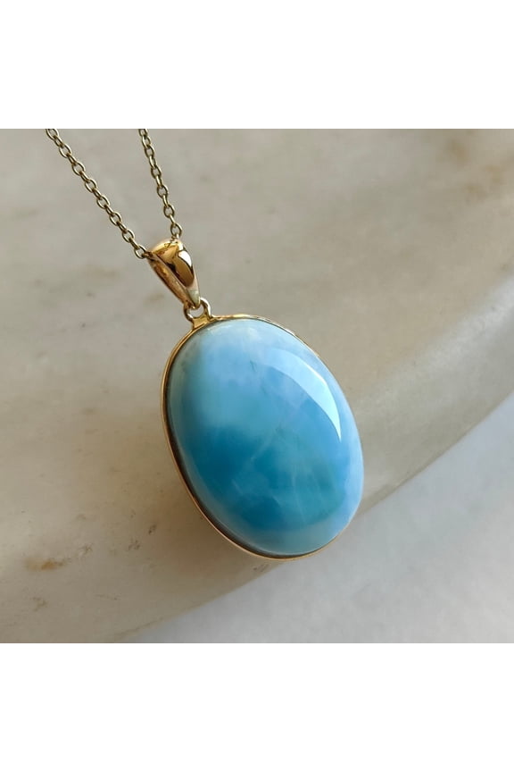 Natural Larimar Pendant, 14K Solid Yellow Gold Larimar Pendant, Christmas Gift, Feb Mar Birthstone, Larimar Jewelry, Christmas Present