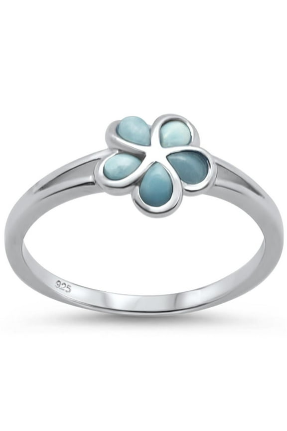 Natural Larimar Plumeria Design Ring Sterling Silver Size 8
